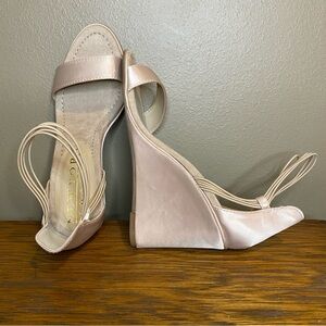 New York Transit Looking Great Satin Wedge Sandal, Size 7.5M, Nude, New in Box